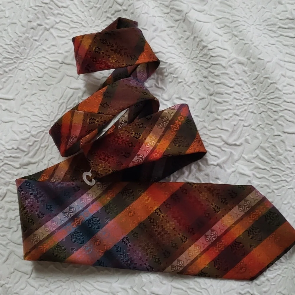 Wembley warm orange strip & print design tie, green blue gold, casual, Y2K